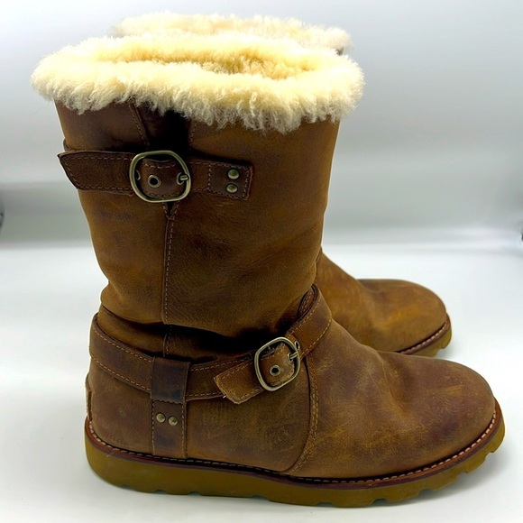 UGG - Australia Noira Chestnut Leather Buckle Pull On Sheepskin Boots Size 7 - Picture 1 of 15